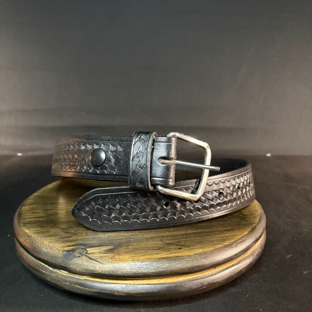 Aker Garrison Belt Size 28" B08 Pant Basketweave Black Leather Nickel 1.5" Wide